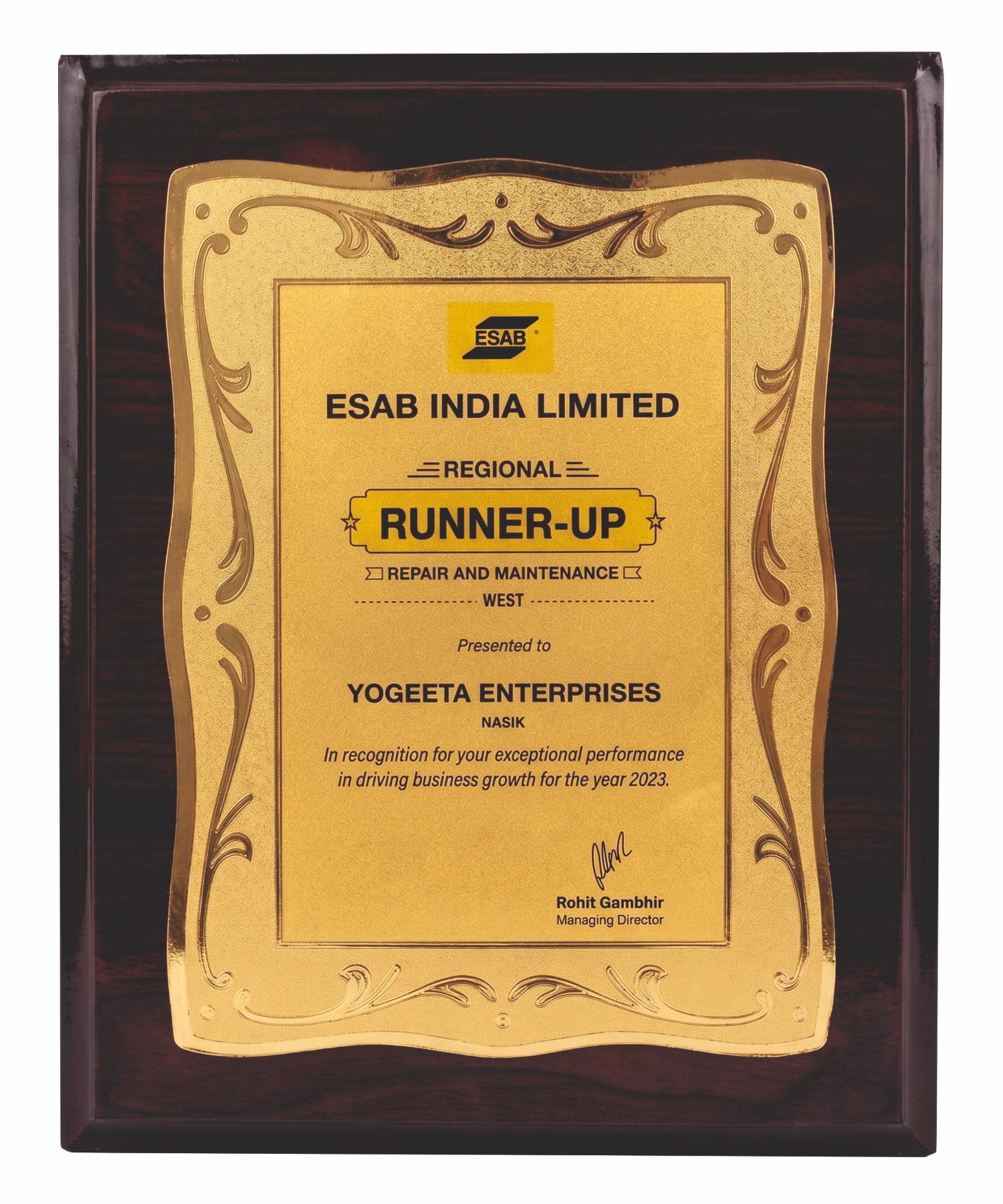 ESAB India 2023 Regional Runner-Up Award Certificate