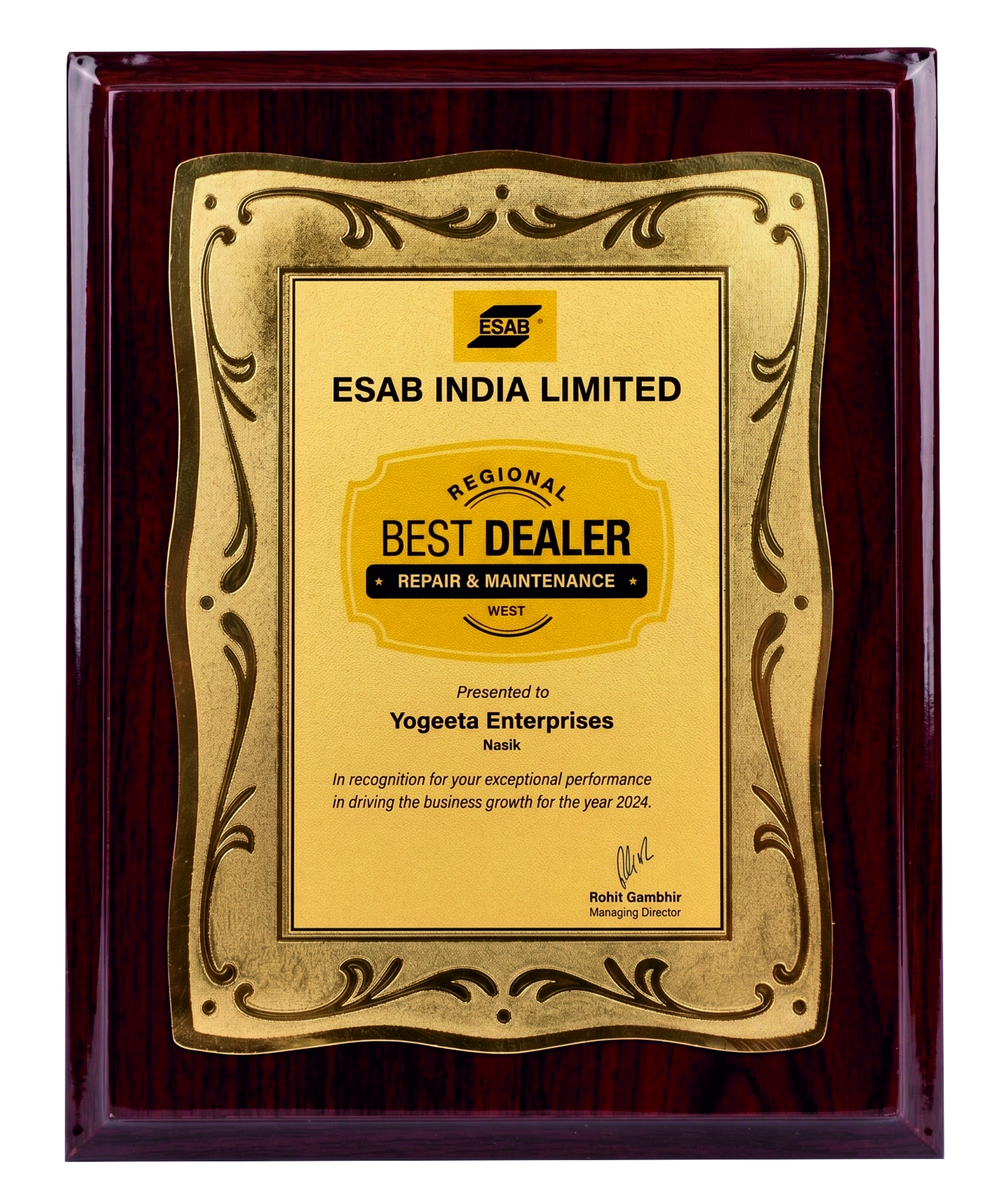 ESAB India 2024 Regional Best Dealer Award Certificate