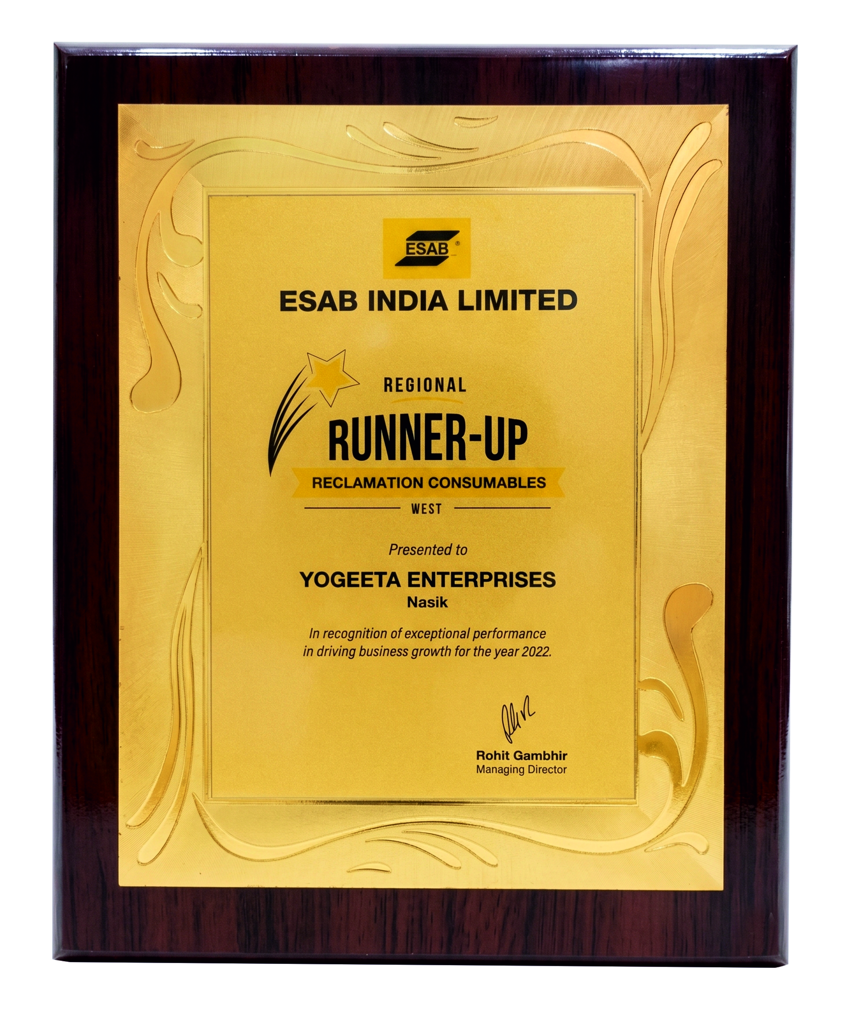 ESAB India 2022 Regional Runner-Up Award Certificate